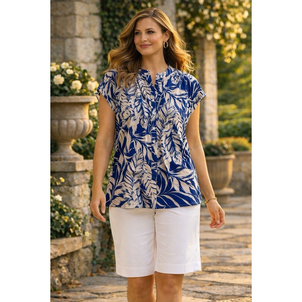 Calvin Klein Top Women's Blue Palm Short Sleeve Button Front Linen Blend Sz L